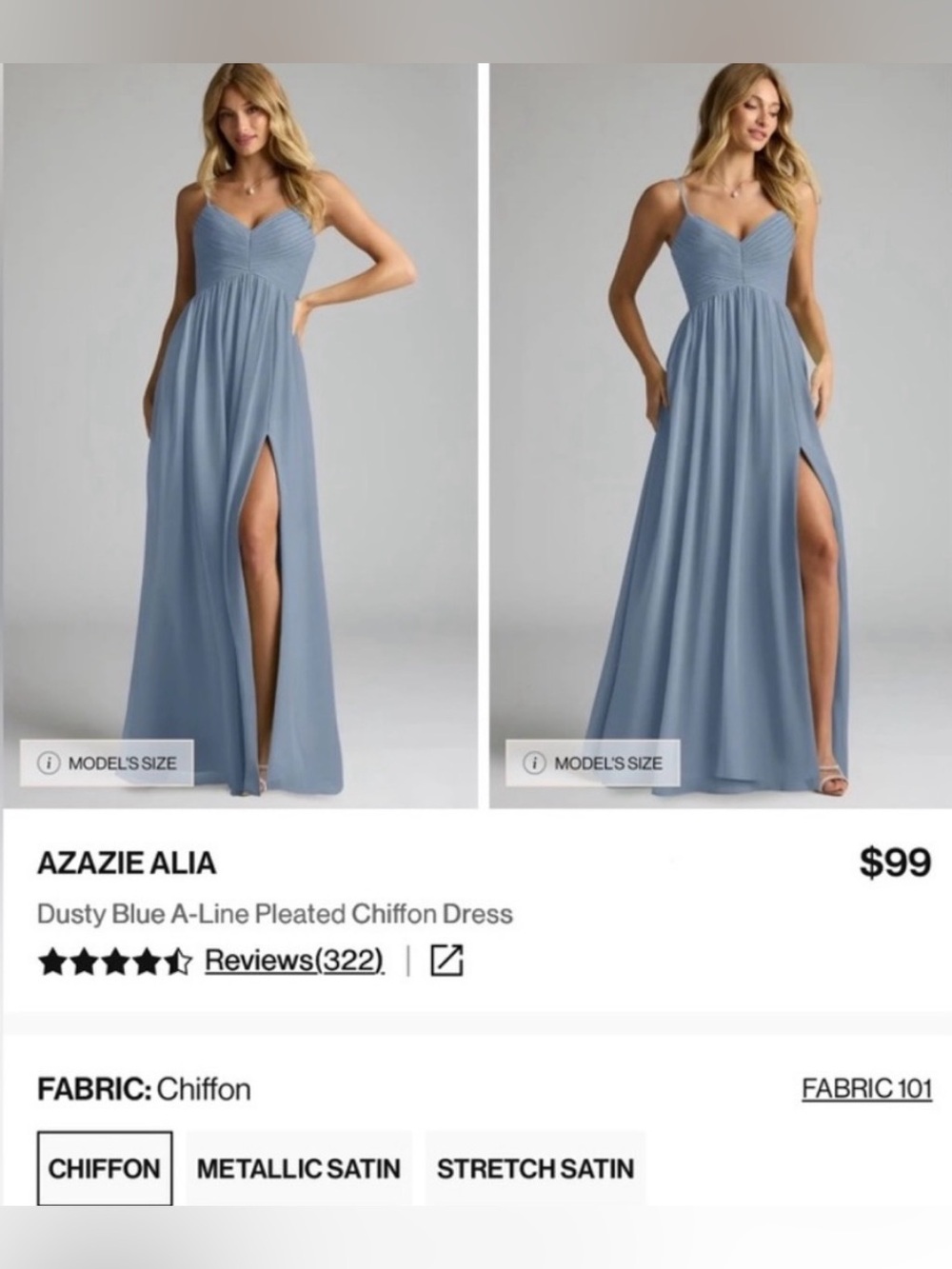 Azazie Alia Dusty Blue A-Line Pleated Chiffon  Dress - Size 6
